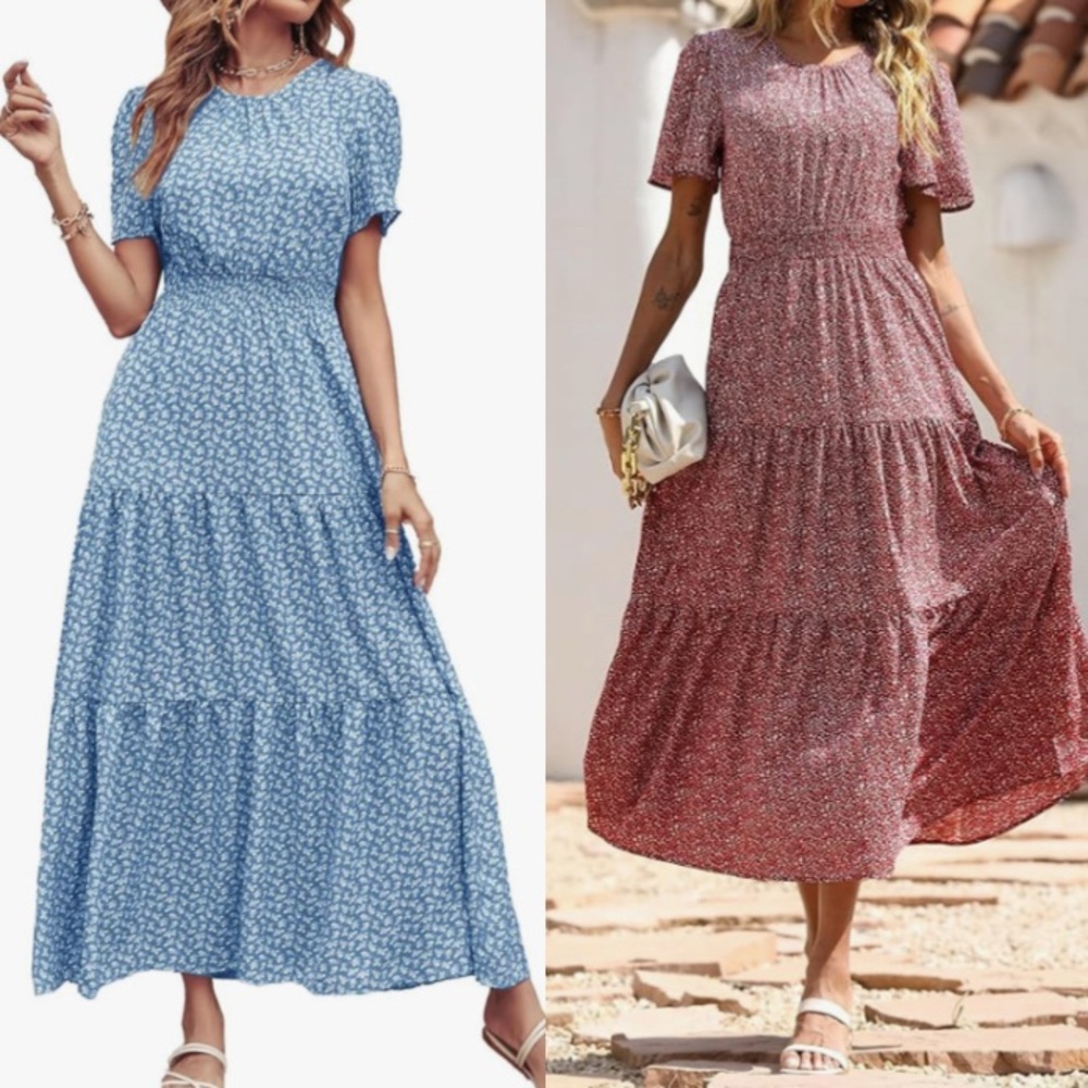 2 Floral Dresses Red & Blue - Small - Comfy, Easy to Wear -  Wedding Guest